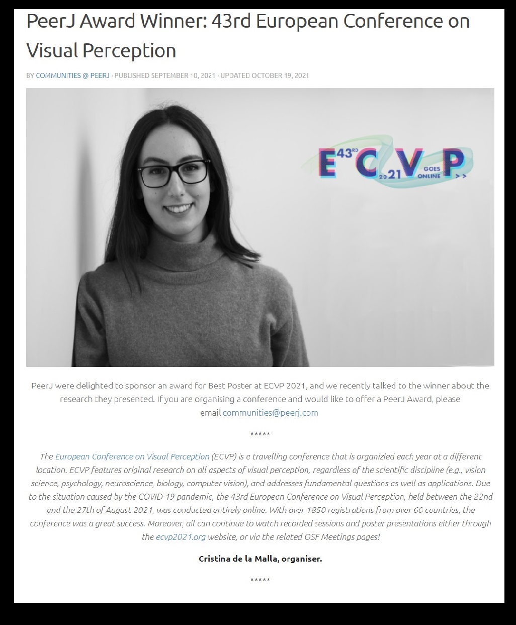 PeerJ Award Winner announcement for the 43rd European Conference on Visual Perception