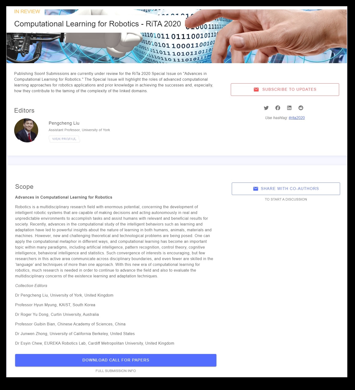 Collection page for "Computational Learning for Robotics - RiTA 2020 Conference"